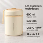 Caractéristiques du thermos chauffant USB-C : 600 ml, inox 304, 10 W, alimentation 2 A