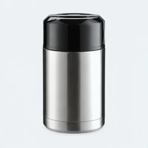 Pot isotherme inox argent à couvercle noir, vue de face