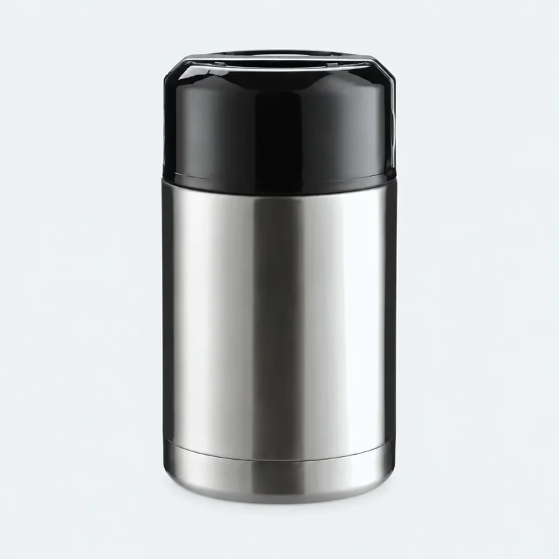 Pot isotherme inox argent à couvercle noir, vue de face