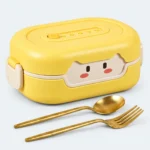 Lunch box bébé portable jaune, visage souriant sur le couvercle, avec cuillère et fourchette