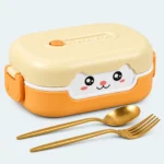 Lunch box bébé portable orange et beige, visage souriant sur le couvercle, avec cuillère et fourchette