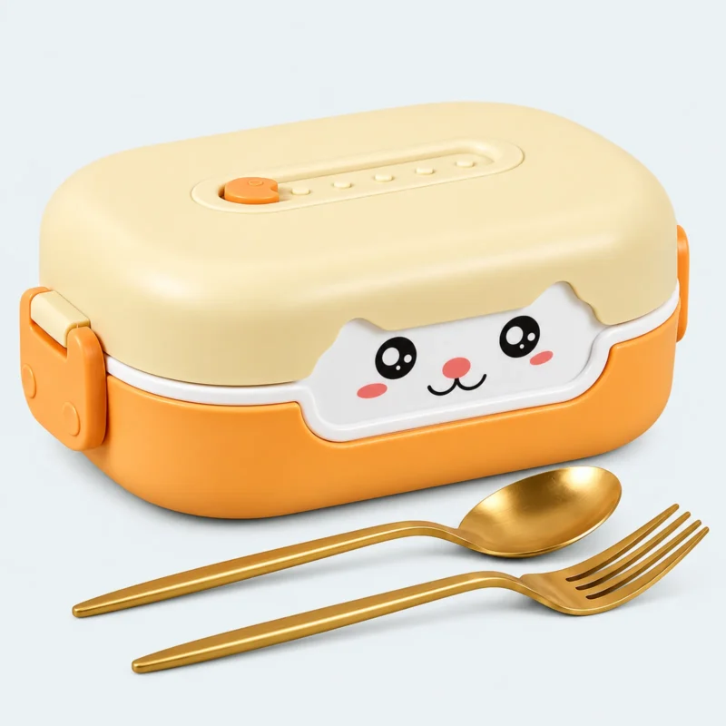 Lunch box bébé portable orange et beige, visage souriant sur le couvercle, avec cuillère et fourchette