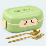 Lunch box bébé portable verte, visage souriant sur le couvercle, avec cuillère et fourchette
