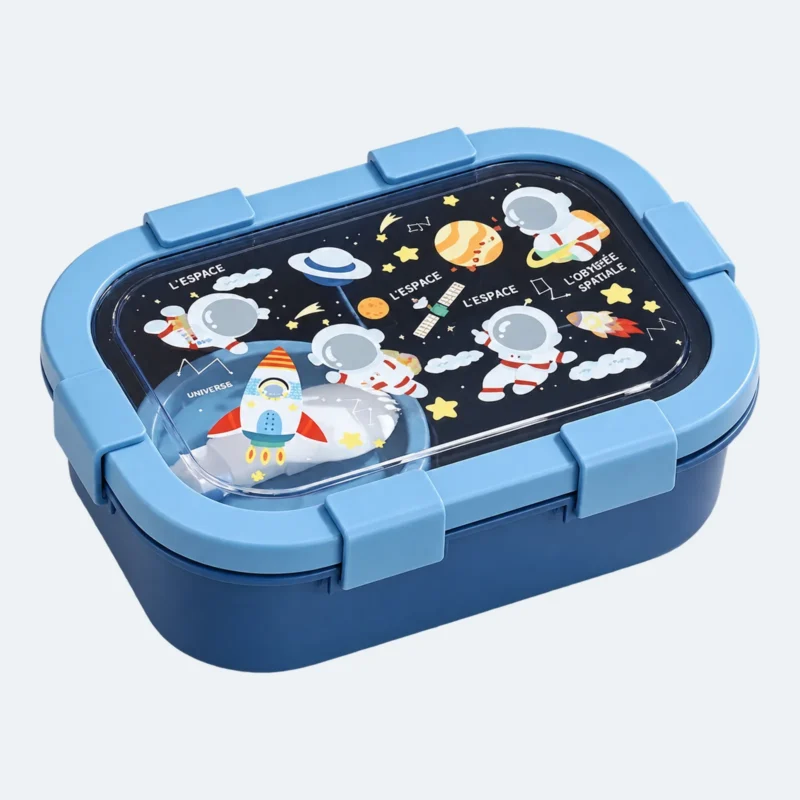 Lunch box enfant compartiment dessin animé 1350 ml bleue, couvercle transparent illustré