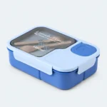Lunch box enfant bento 3 compartiments bleue, couvercle transparent et couverts rangés