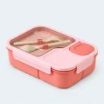 Lunch box enfant bento 3 compartiments rose, couvercle transparent et couverts rangés