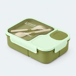 Lunch box enfant bento 3 compartiments verte, couvercle transparent et couverts rangés