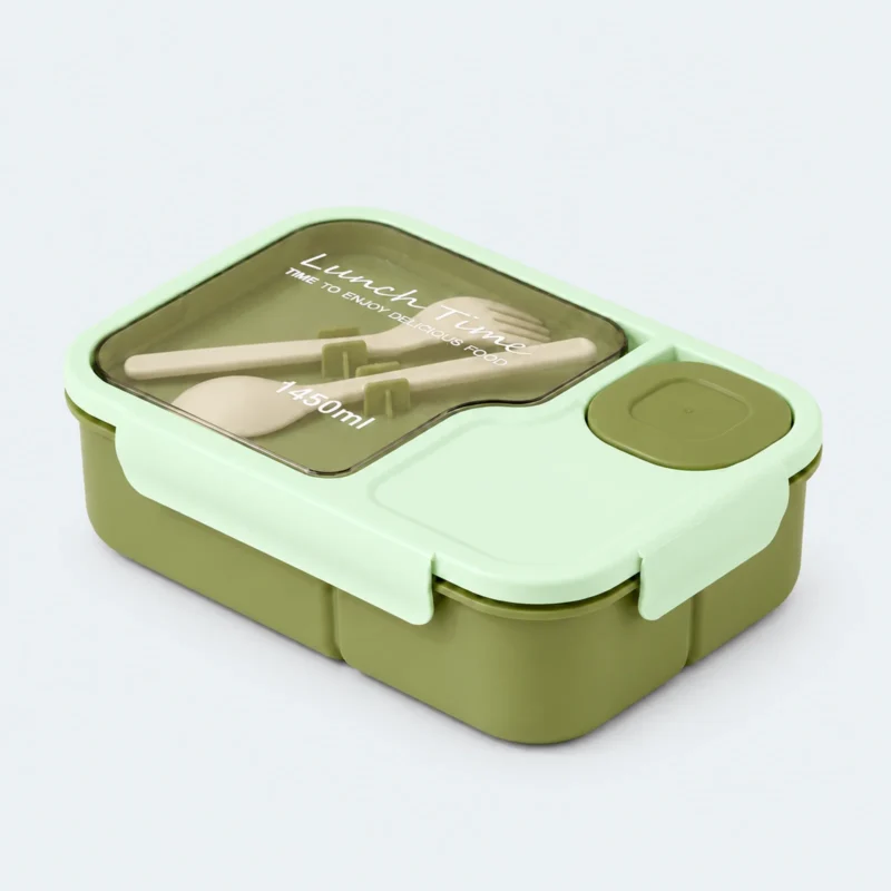 Lunch box enfant bento 3 compartiments verte, couvercle transparent et couverts rangés