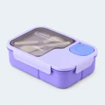 Lunch box enfant bento 3 compartiments violette, couvercle transparent et couverts rangés