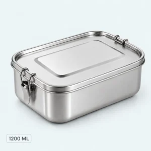 Lunch box inox 304 de 1200 ml fermée par ses clips latéraux, contenance 1200 ml indiquée