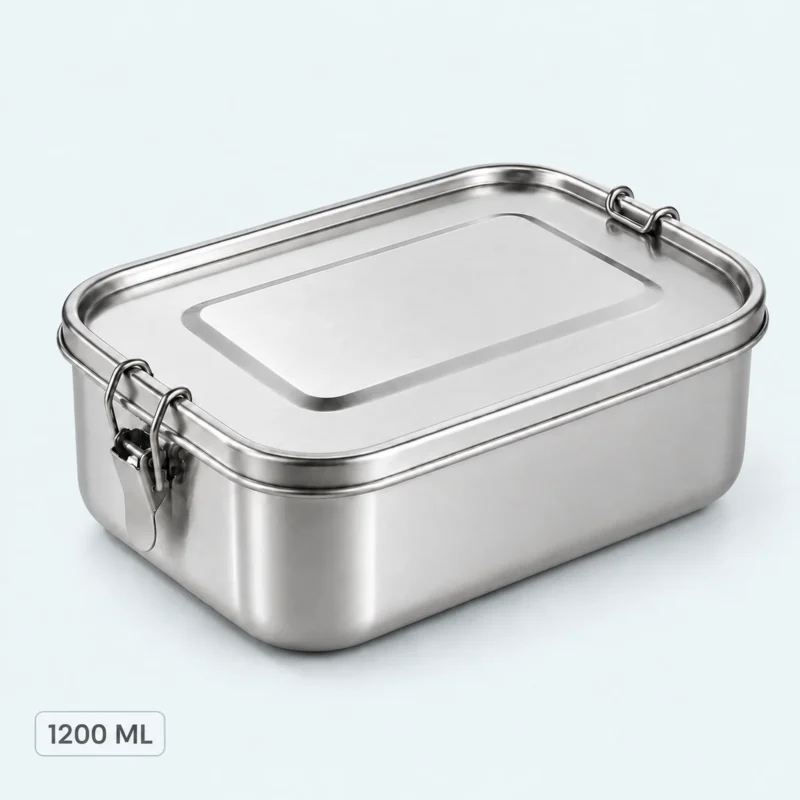 Lunch box inox 304 de 1200 ml fermée par ses clips latéraux, contenance 1200 ml indiquée