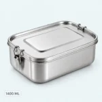 Lunch box inox 304 de 1400 ml fermée par ses clips latéraux, contenance 1400 ml indiquée