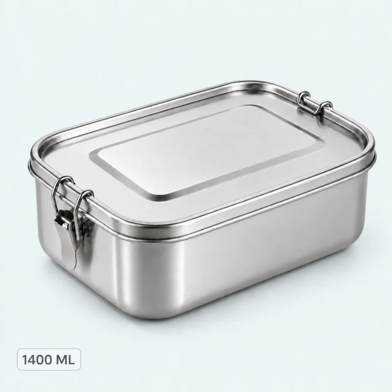 Lunch box inox 304 de 1400 ml fermée par ses clips latéraux, contenance 1400 ml indiquée