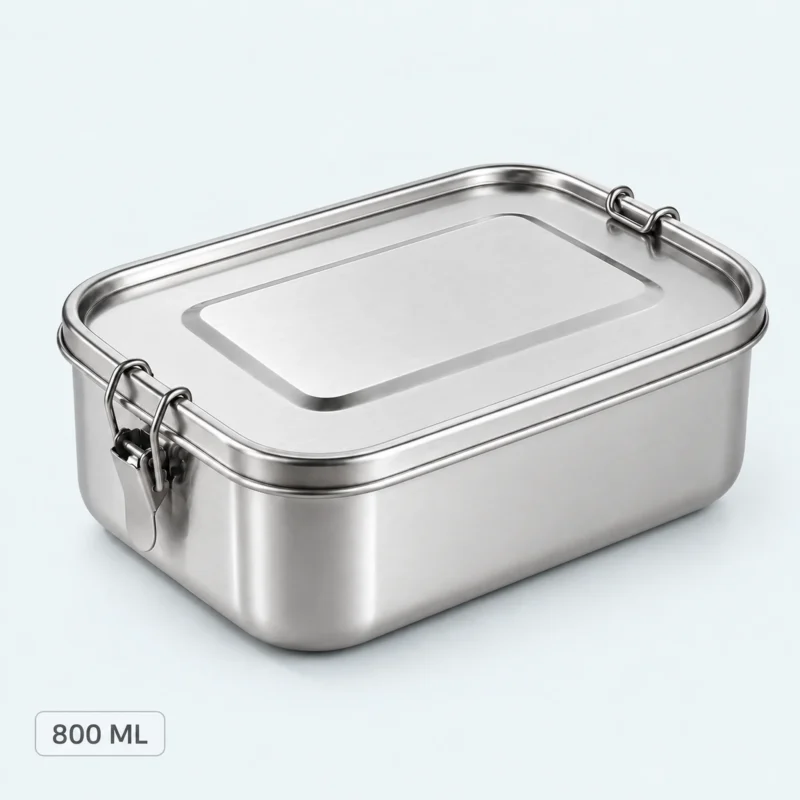Lunch box inox 304 de 800 ml fermée par ses clips latéraux, contenance 800 ml indiquée