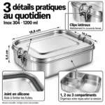 4 détails pratiques de la lunch box inox 304 1200 ml : clips latéraux, joint silicone, inox 304 et dimensions 18,8 × 14,2 × 6,4 cm