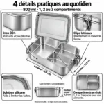 Détails pratiques de la lunch box inox 304 800 ml : clips latéraux, joint silicone, inox 304 et dimensions 16,8 × 13,6 × 6,2 cm