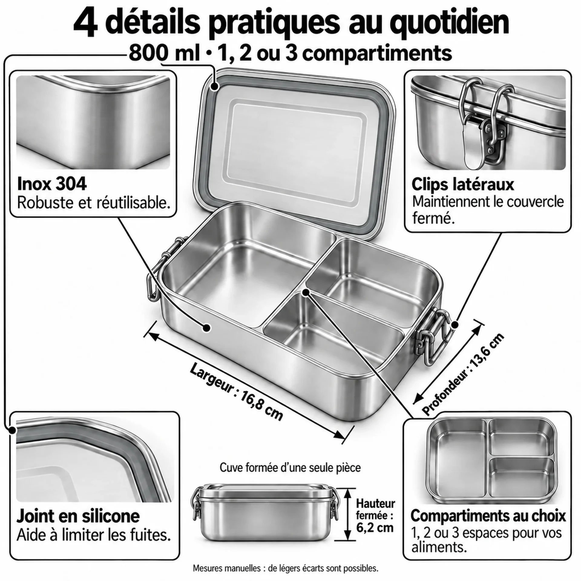 Détails pratiques de la lunch box inox 304 800 ml : clips latéraux, joint silicone, inox 304 et dimensions 16,8 × 13,6 × 6,2 cm