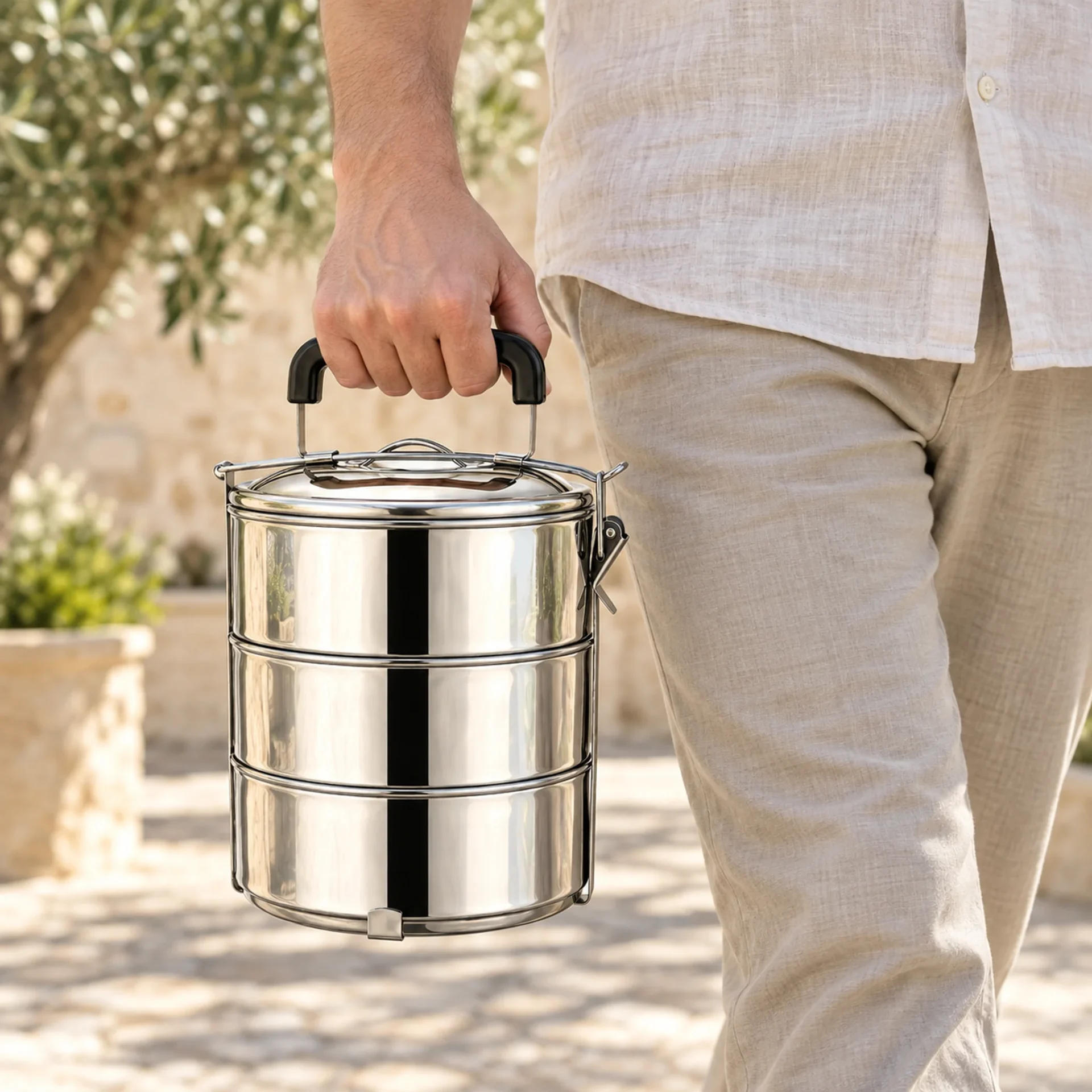 Homme tenant par la poignée une lunch box inox 3 étages lors d’une promenade en extérieur