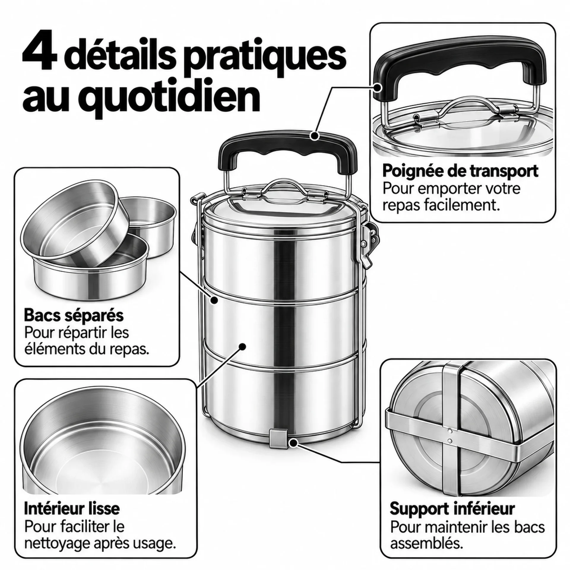 4 détails pratiques de la lunch box inox à étages : poignée de transport, bacs séparés, intérieur lisse et support inférieur