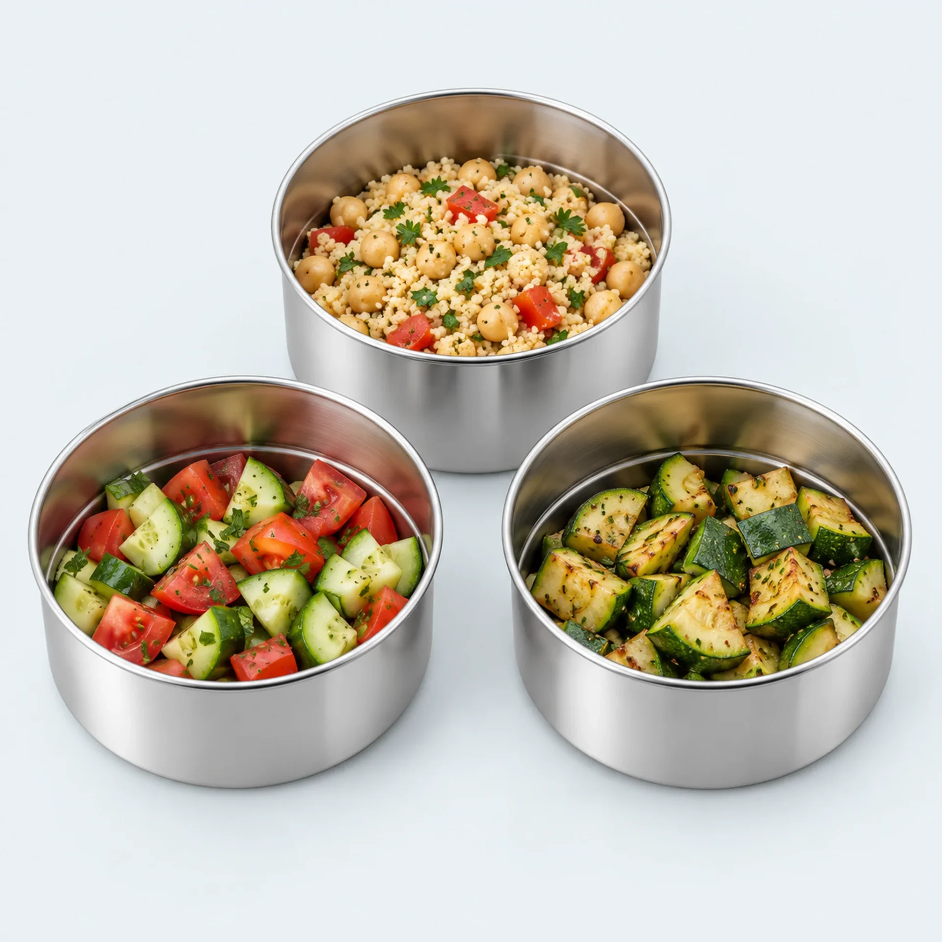 Trois bacs inox ouverts remplis de salade de semoule, crudités et légumes rôtis