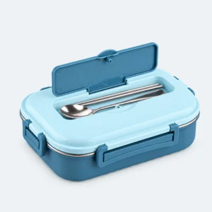 Lunch box inox isotherme 4 compartiments bleue, couvercle ouvert sur la cuillère et les baguettes