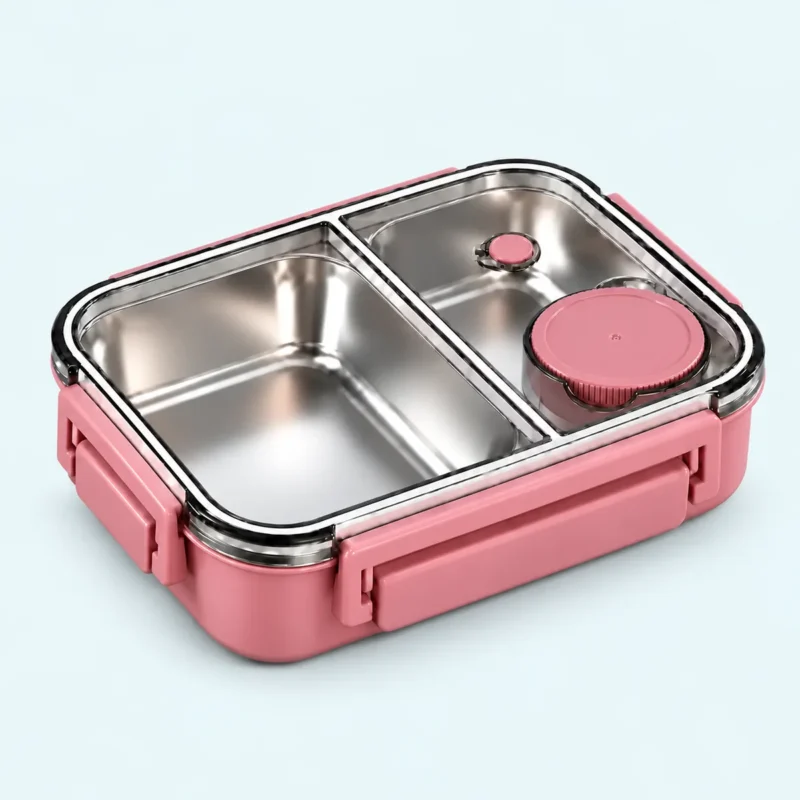 Lunch box inox isotherme 850 ml 2 compartiments rose, avec pot à sauce