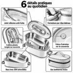 6 détails pratiques de la lunch box inox : joint silicone, clips latéraux, cuillère pliante rangée au couvercle, valve d’aération, bacs inox 304, sac isotherme