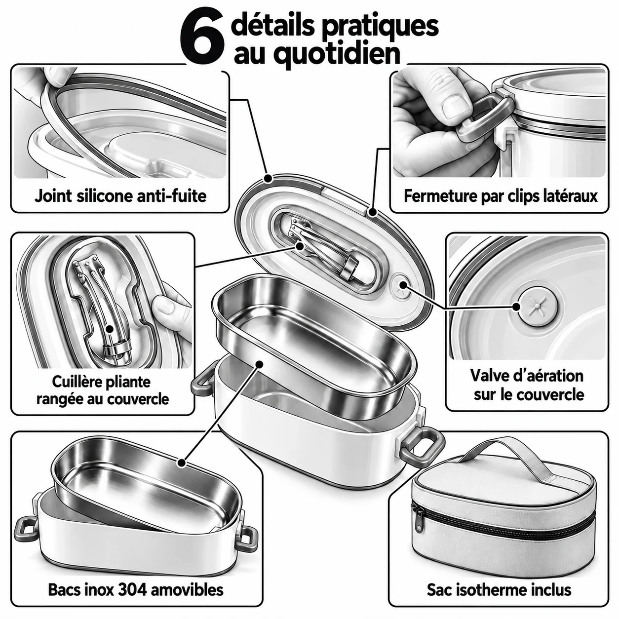 6 détails pratiques de la lunch box inox : joint silicone, clips latéraux, cuillère pliante rangée au couvercle, valve d’aération, bacs inox 304, sac isotherme