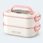 Lunch box inox isotherme 1500 ml blanc crème et rose, deux étages, avec poignée de transport
