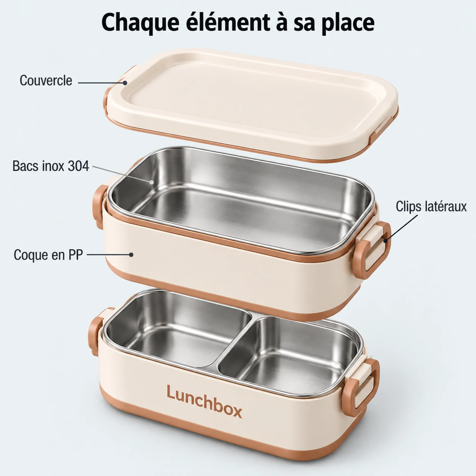 Vue éclatée de la lunch box blanc ivoire : couvercle, bac inox 304, clips latéraux, coque en PP et bac à deux compartiments