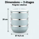 Dimensions de la lunch box ronde 3 étages : hauteur 20 cm, Ø 14,5 cm