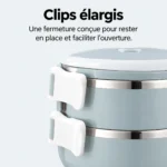 Clips latéraux élargis de la lunch box ronde à étages, en gros plan