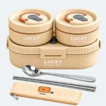 Set lunch box enfant 1650 ml beige : boîte ovale, deux pots ronds, étui, cuillère et baguettes