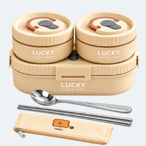 Set lunch box enfant 1650 ml beige : boîte ovale, deux pots ronds, étui, cuillère et baguettes