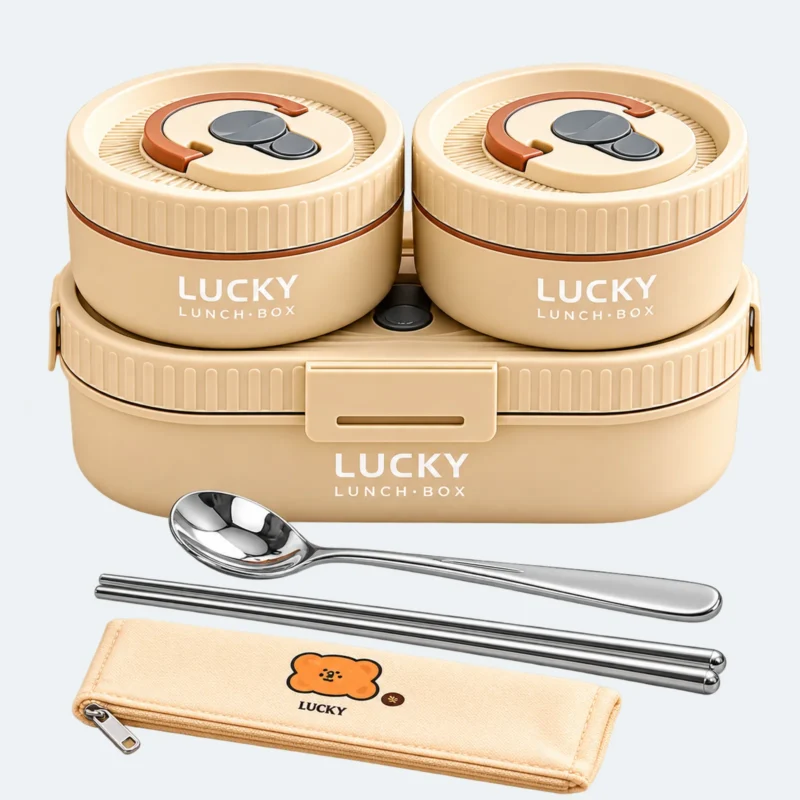 Set lunch box enfant 1650 ml beige : boîte ovale, deux pots ronds, étui, cuillère et baguettes
