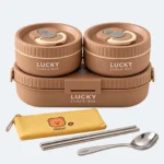 Set lunch box enfant 1650 ml marron : boîte ovale, deux pots ronds, étui, cuillère et baguettes