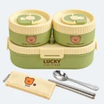 Set lunch box enfant 1650 ml vert : boîte ovale, deux pots ronds, étui, cuillère et baguettes