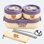 Set lunch box enfant 1650 ml violet : boîte ovale, deux pots ronds, étui, cuillère et baguettes