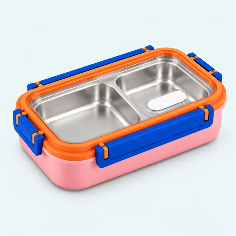 Lunch box isotherme inox 2 compartiments rose, couvercle orange à clips bleus