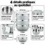 4 détails pratiques de la lunch box bento ronde : intérieur en inox, poignée rabattable, clips élargis et trois contenants séparés, Ø 14,5 cm
