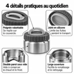 4 détails pratiques du mini pot isotherme inox 240 ml : poignée rabattable, joint en silicone, double paroi sous vide et large ouverture