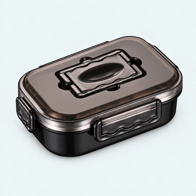 Lunch box inox noire 1 étage, 600 ml, couvercle fumé à poignée rabattable