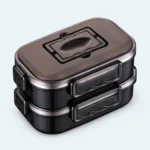 Lunch box inox noire 2 étages, 1200 ml, clips latéraux et poignée rabattable