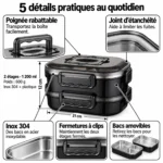 5 détails pratiques de la lunch box inox noire à étages : poignée rabattable, joint d'étanchéité, inox 304, fermetures à clips et bacs amovibles