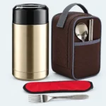 Pot isotherme inox 1000 ml doré à couvercle noir, avec sac isotherme marron, cuillère et fourchette