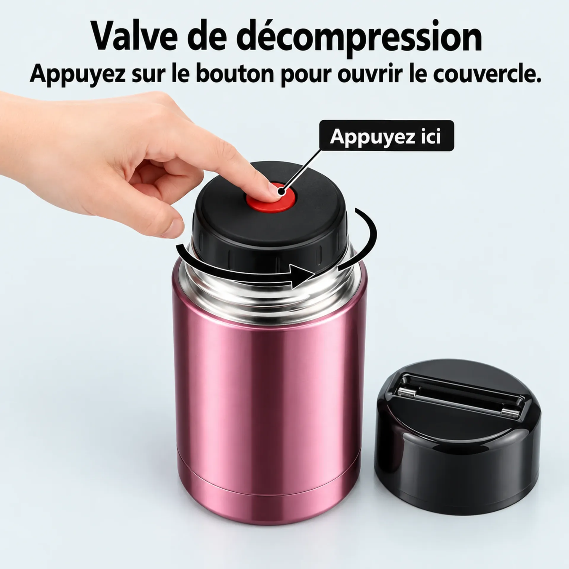 Main appuyant sur la valve de décompression rouge du pot isotherme inox rose avant de dévisser le couvercle