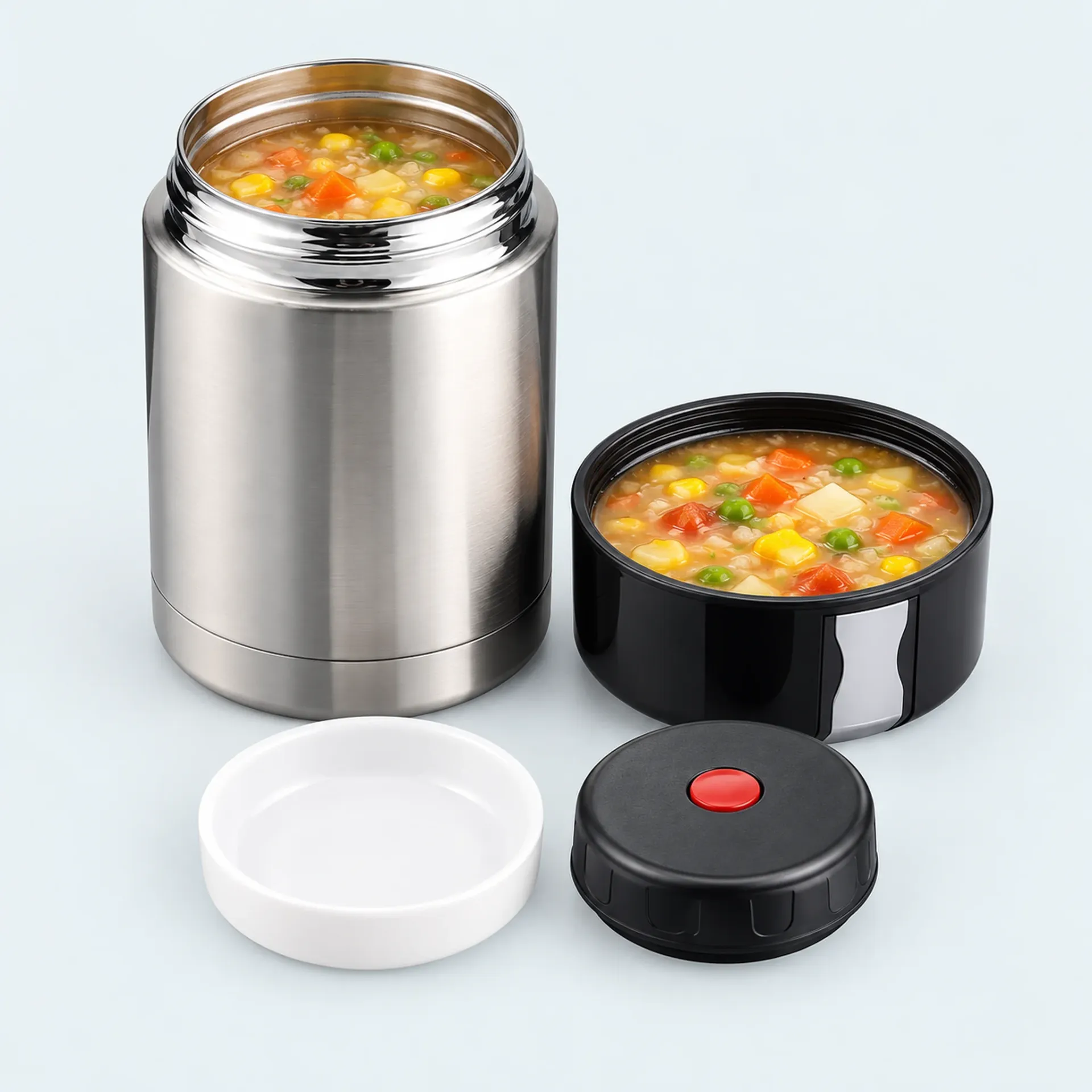 Pot isotherme inox argent rempli de soupe aux légumes, avec son couvercle intérieur blanc et son couvercle à valve