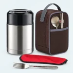 Pot isotherme inox 800 ml argent à couvercle noir, avec sac isotherme marron, cuillère et fourchette