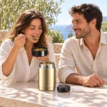 Couple qui déjeune en terrasse avec le pot isotherme inox doré