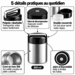 5 détails pratiques du pot isotherme inox 800 ml : poignée rabattable, valve de décompression, double couvercle, cuve en inox 304 et joint d’étanchéité